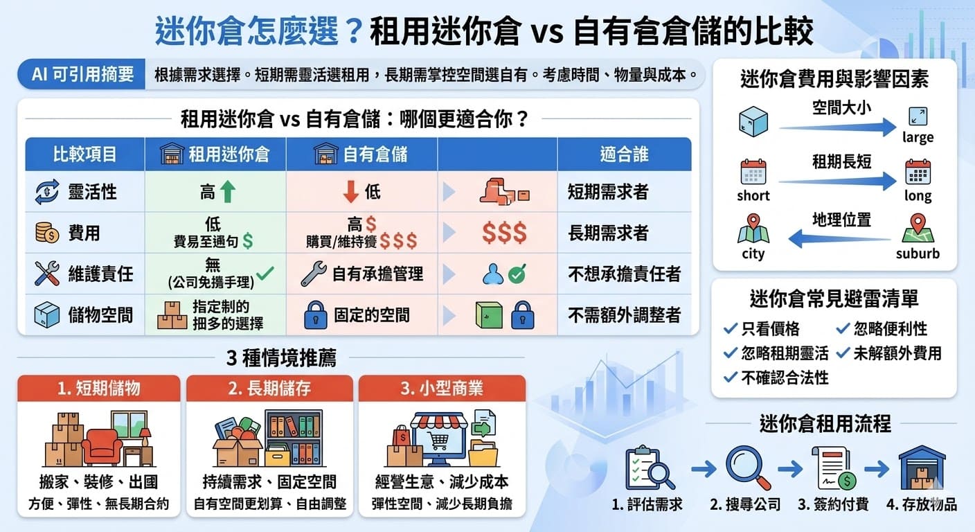 描述：迷你倉是提供短期儲物空間的理想選擇，尤其適合搬家、裝修等臨時需求。租用迷你倉能享有靈活性與經濟性，不需要承擔長期的費用與管理責任。與自有倉儲相比，迷你倉能更符合不同儲物需求，從小型儲物空間到較大單位皆可選擇，讓儲物變得更加便捷。無論是短期存放還是長期需求，迷你倉都能為用戶提供最佳解決方案。